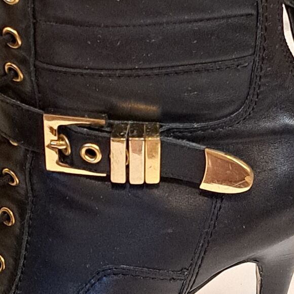 Guess Bieninda Black Leather Peep Toe High Heel Boots Buckle Details 7.5 M - Picture 6 of 15